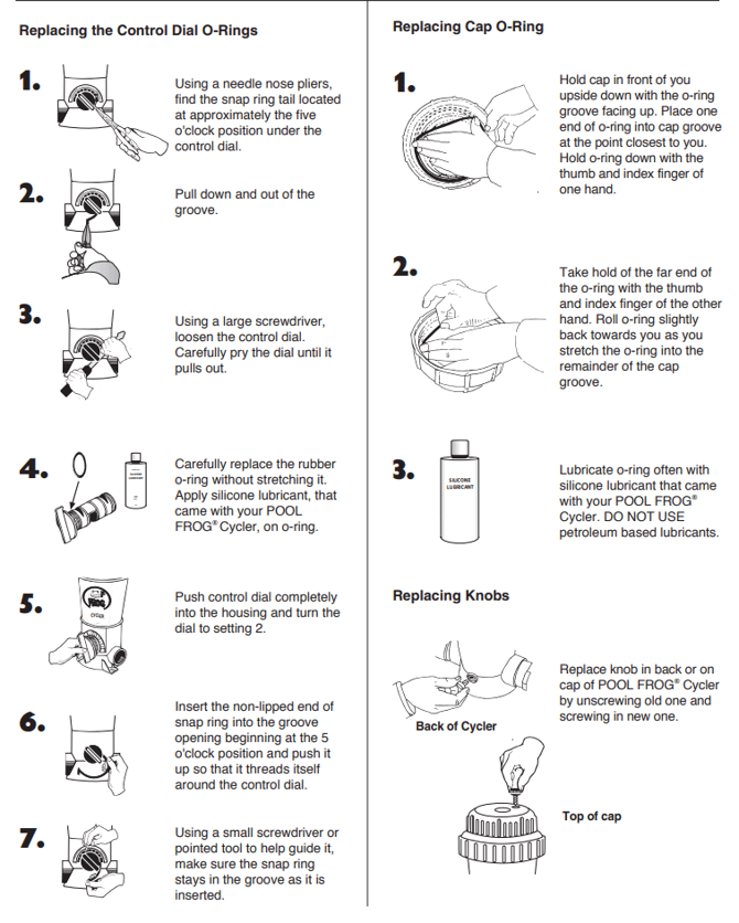 POOL FROG instructions for replacing control dial O-rings, cap O-ring, and knobs